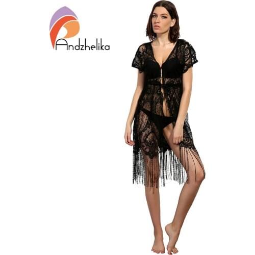 Andzhelika 2021 New Swimsuit Cover Up Summer Sexy Women Beachwear Cover Up Crochet Hollow Lace Tassel Bikini Bathing Suit AK2735