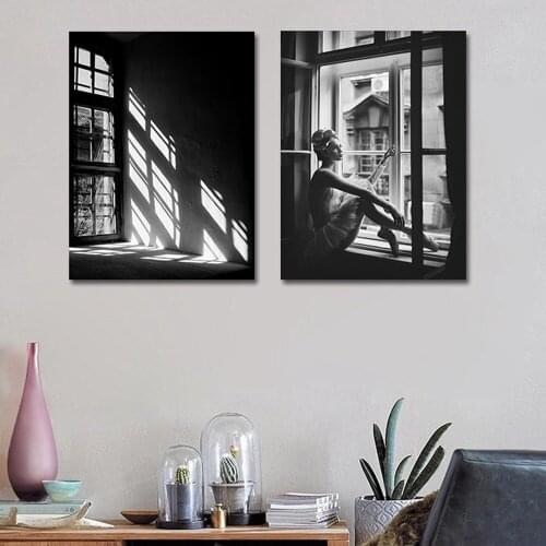 Minimalist Window Ballet Girl Canvas Painting Black White Poster Modern Home Decoration Wall Art Pictures For Dancer School