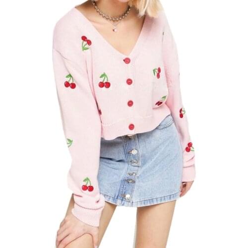 2020 New Sweet Cute Knitted Cardigan Coat Women Long Sleeve Cherry Embroidered Holiday Casual Fashion Outerwear Sweaters Tops