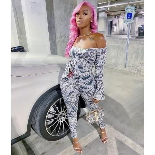 2021 New Style Womens Sets Dollar Money Printing Off-Shoulder Jumpsuit Tight Elastic Home Gym Dollar Jogger Pants Autumn