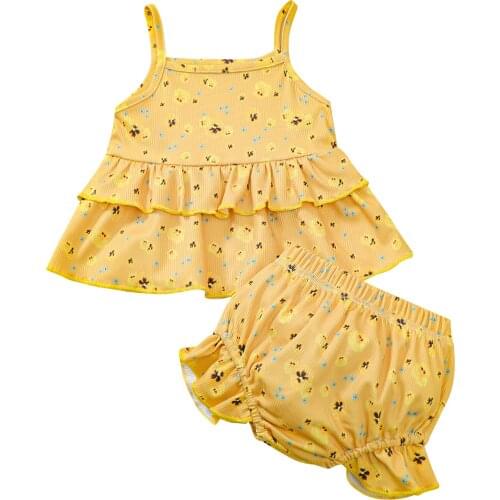 New Kids Girls Fashion 2-piece Outfit Set Sleeveless Floral Print Tops+Shorts Set for Children Girls