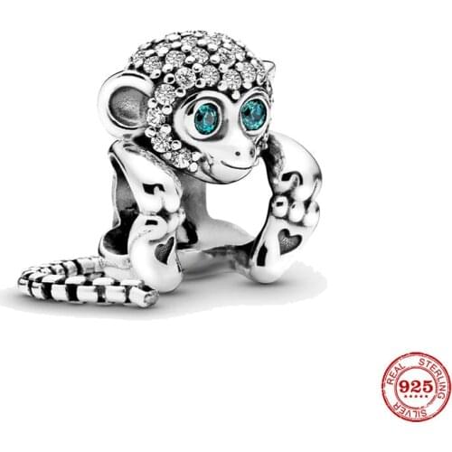 New 925 Sterling Silver Bead Little Pavé Monkey Charm ​​DIY Fine Beads Fit Original Pandora Charms Bracelet Jewelry 2021