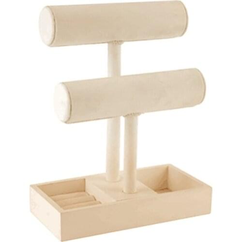 2 Tiers Solid Wood T-Bar Jewelry Stand, Necklace/Bracelet/Watch Display Holder with Ring Tray