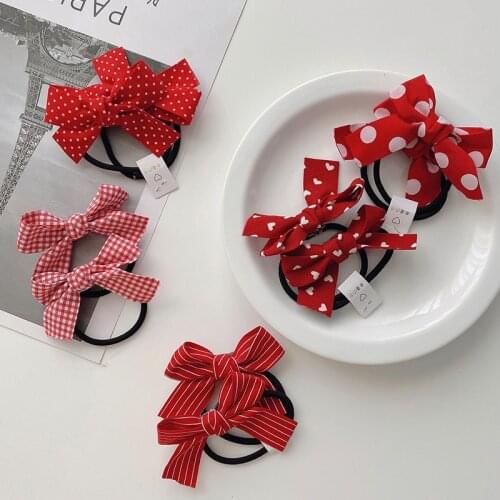 2 Pcs/Set Children Cute Dot Striped Lattice Heart Bow Hair Bands Baby Girls Lovely Scrunchies Rubber Bands Kids Hair Accessories