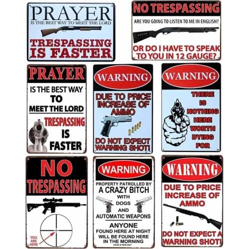 Gun Vintage Metal Tin Sign NO Trespassing Plaque Warning Poster Cafe Decoration Pub Retro Wall Decorative 20x30cm