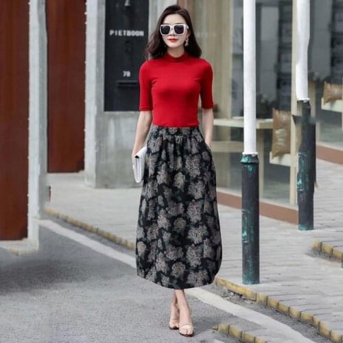 New Spring a-line lantern flower bud print skirt women cotton linen skirt mid-length elastic high-waist linen skirt 18 colorsn20