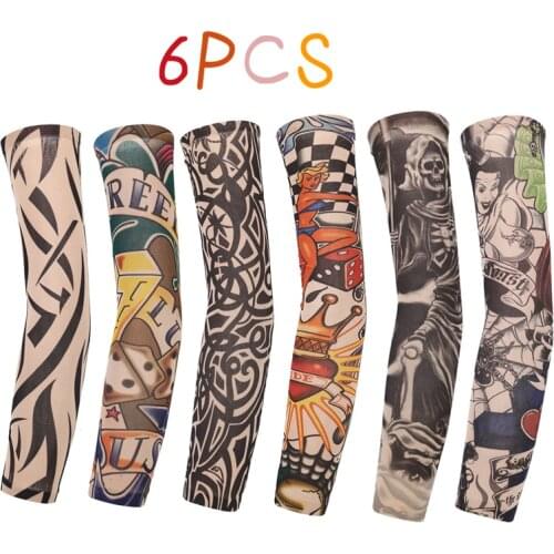 6 PCs Men Women Sunscreen Hand Fake Tattoo Arm Cover Tatto Sleeves Uv Cool Sleeves Cuffs Sport Elastic Stockings Arm Warmers