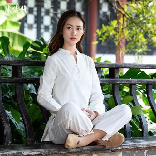 Women Tai Chi Meditation Uniforms Linen Loose Long Sleeve Yoga Shirt Wide Leg Pant Casual Kungfu Martial Arts Set Activewear