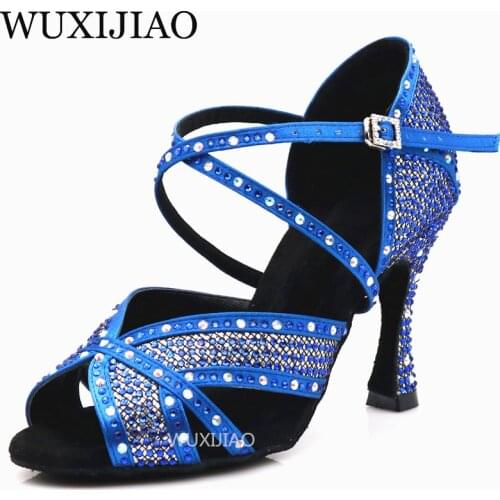 WUXIJIAO Brand Womens Ballroom Dance Latin Dance Shoes Salsa Dance Sandals 8.5/9/7.5CM High Heels