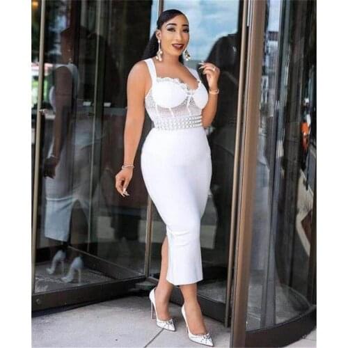 2019 New Arrival White Strap Lace Mid Calf Bodycon Rayon Bandage Dress Women Evening Party Dress