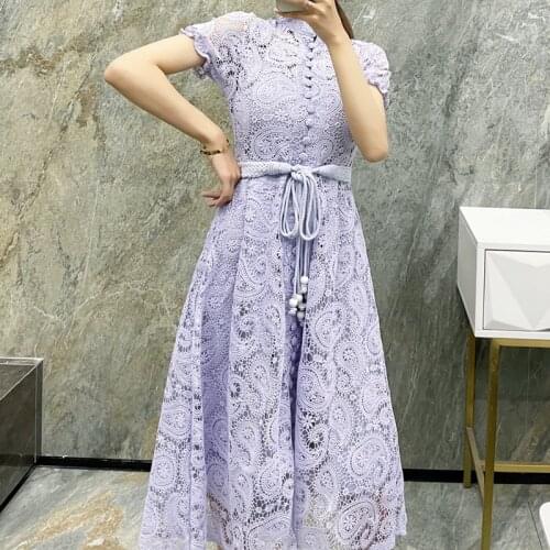 Summer 2021 Designer Womens Dresses Female Single-Breasted Solid Purple Apricot Belt Vestido Feminino Hollow Out Woman Dress
