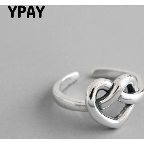 YPAY Real 925 Sterling Silver Heart Bow Knot Open Ring Korea Vintage Adjustable Midi Rings For Women Fine Party Jewelry YMR895