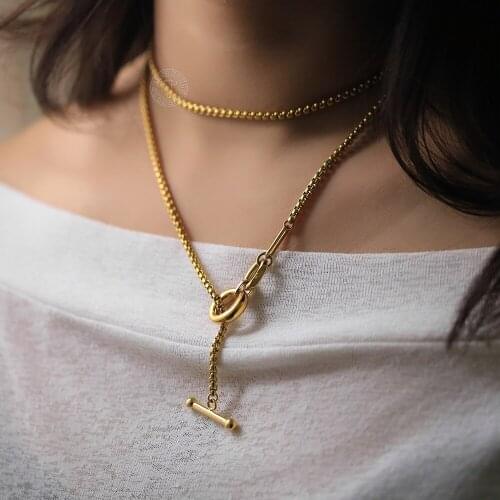 Womens Lariat Chain Necklace Gold Color Box Cable Charm Toggle Clasp Stainless Steel Link Fashion Jewelry Wholesale Gifts LDN297