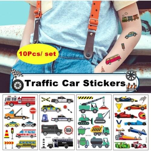 10PCS Childrens Tattoo Stickers Anime Waterproof Cute Cartoon Traffic Cars Funny Party Body Face Kids Temporary Tattoos Sticker