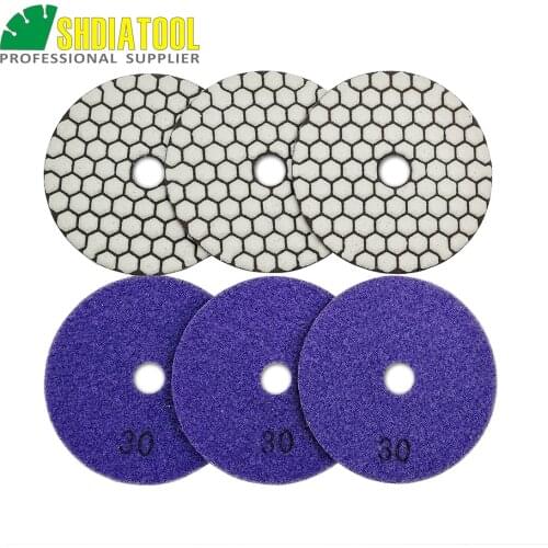 SHDIATOOL 6pcs Diameter 4inch/100mm #30 Diamond Resin Bond Dry Polishing Pads For Granite Marble Ceramic Sanding Disc