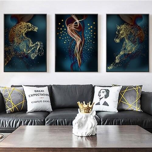 Running Horse Diamond Embroidery Full Square Round Diamond Painting Gold Foil Blue Paintings Wall Art Triptych Picture Decoratio