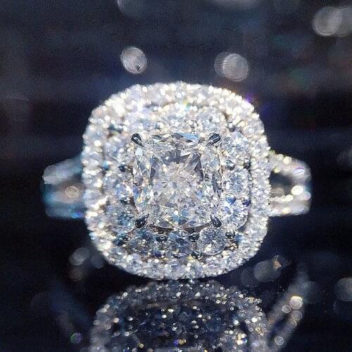 Cener 1ct 6mm Solid 18K White Gold DF Color Cushion Cut Moissanite Double Halo Ring Engagment Wedding Ring For Women