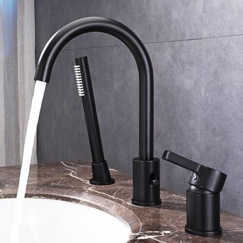 Beiluode Basin Black Solid Brass Bathroom Mixer Tap Modern Brass Chrome Sink Faucet Three Hole Basin Faucet Shower Taps MT2025