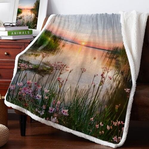 Lake Sunset Plant Flowers Fleece Blanket Office Sofa Cashmere Blanket Bed Cover Bedspread Warm Blankets for Beds