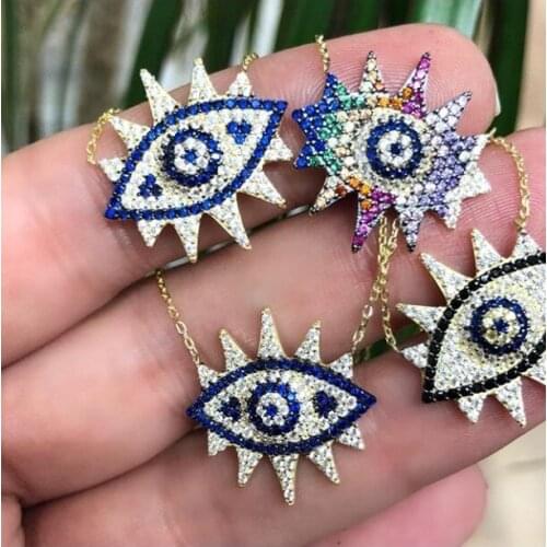 Stock Clearance Micro Pave 5A Blue Rainbow CZ Lucky Turkish Evil eye High Quality Gold Color Women Necklace