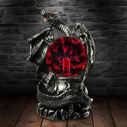 Gothic Medieval Dragon Guardian Electric Plasma Ball Desk Lamp Halloween Horror Lighting Magical Light Statue Figurine