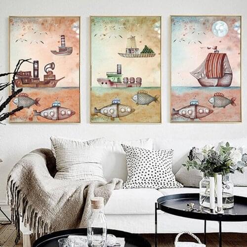 HAOCHU Europe Retro Mechanical Ship Submarine Model Canvas Painting Wall Picture For Living Room Nordic Artwork