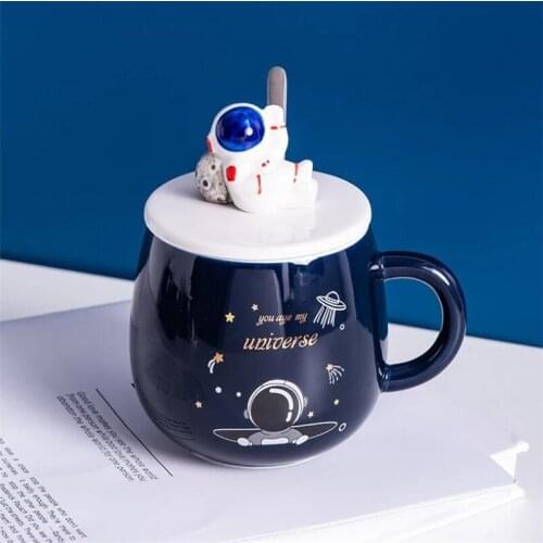 450ml Cartoon 3D Space Astronaut Ceramic Coffee Mug with Lid and Spoon Home Drinkware Office Teacup Creative Breakfast Milk Cup