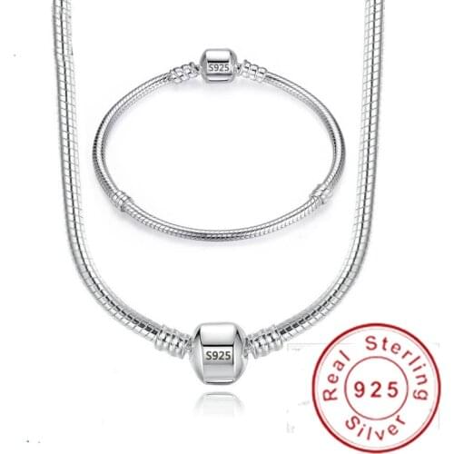 Handmade Silver 925 Bracelet Set Luxury Fine 3mm Soft/Smooth Snake Chain DIY Beads/Charms Basis Bracelet&Bangle 16-23CM
