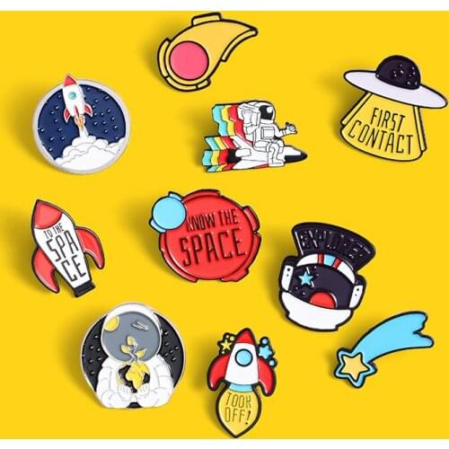 KNOW THE SPACE FIRST CONTACT SET Creative cartoon brooch pin badge pin Fun Spaceship UFO Astronaut Series hat jewelry gift