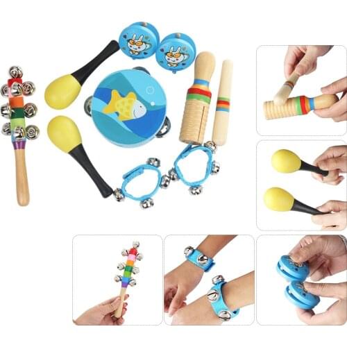 New 10pcs/set Musical Toys Orff Instruments Sets Band Rhythm Kit Including Tambourine Maracas Castanets Handbells for Kids