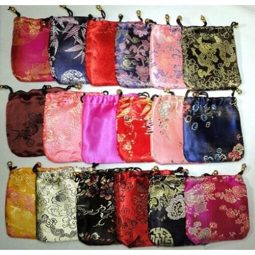 Cheap Small Silk Jewelry Pouch Floral Fabric Drawstring Bag Gift Packaging Coin Pocket 50pcs/lot Free shipping