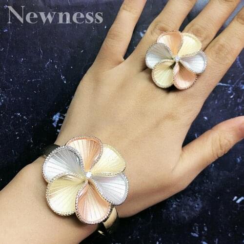Newness Begonia Flowers Luxury 3 Tone Full AAA Cubic Zirconia Women Bracelet Bangle Ring Set Dress Jewelry Sets