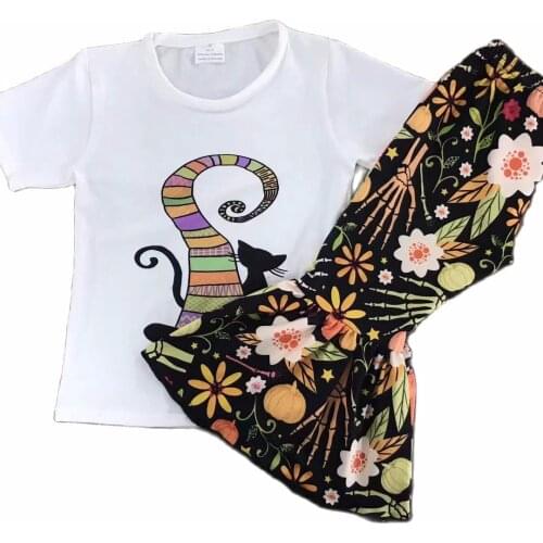 2021 New Design Boutique Wholesale Cat Print Flared Bell Pants Children Set Boys and Girls Outfit