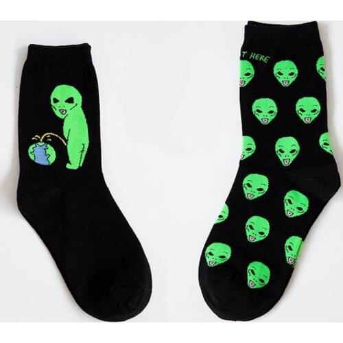 Autumn Winter Women Cotton Mid-calf Crew Socks Art Funny Aliens Pees Planet Creative Funny Cartoon Cat Breathable Couple Socks