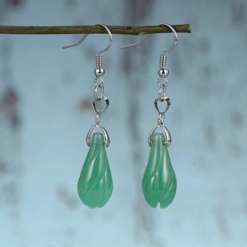 2020 Women Fashion Magnolia Drop Earrings Natural Stone Green Aventurine Flower Pendant Earring Ear Hooks Danglers Jewelry