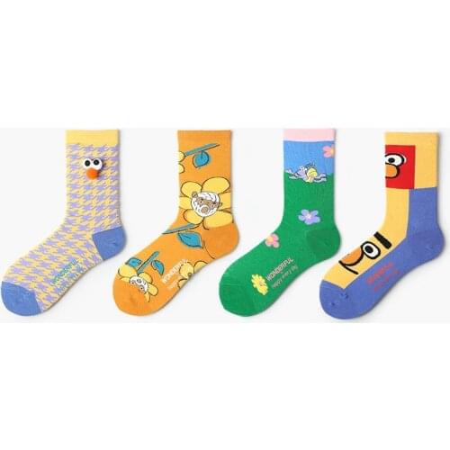 Women streetwear harajuku kawaii funny Sesame Street Elmo Flo Bear Cartoon animal print cute yellow cotton