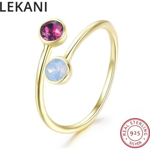 2018 LEKANI Crystals From Swarovski Round Open Rings Resizable Gold Color Real S925 Silver Fine Finger Jewelry For Women Wedding