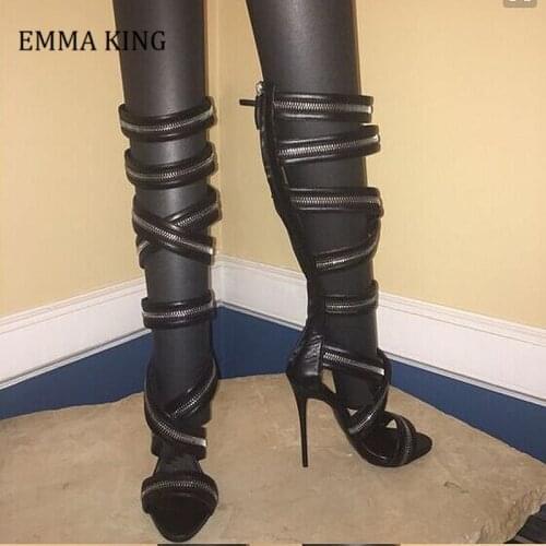 Women New Fashion Knee High Gladiator Sandals Boots Peep Toe Zippers Female Ladies Sandals Pumps Summer Shoes Zapatos De Mujer