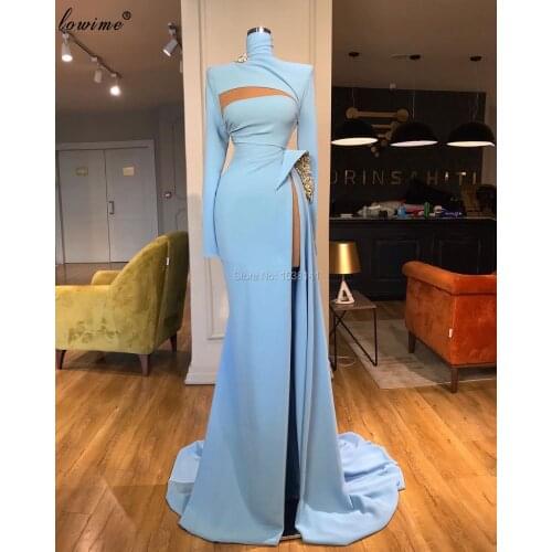 Haute Couture Sky Blue Evening Dresses 2020 Long Formal Evening Gowns High Neck Prom Dresses Women Party Night 3 Designs Gowns