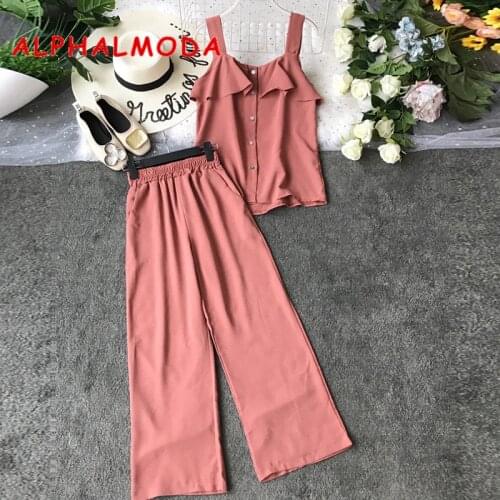 ALPHALMODA 2019 Summer Single Breasted Ruffled Tank Top + Wide-leg Pants Women 2pcs Casual Set Ladies Summer Solid Pants Suits