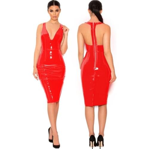 Women PVC Faux Leather Dress Sexy Tight Deep V Neck PVC Wet Look Leather Party Slim Dresses Red Black Bodycon Club Wear