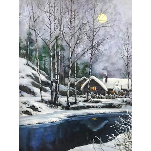 Winter Snow River Diamond Painting Scenic Round Full Drill Forest Wooden House Nouveaute DIY Mosaic Embroidery 5D Cross Stitch