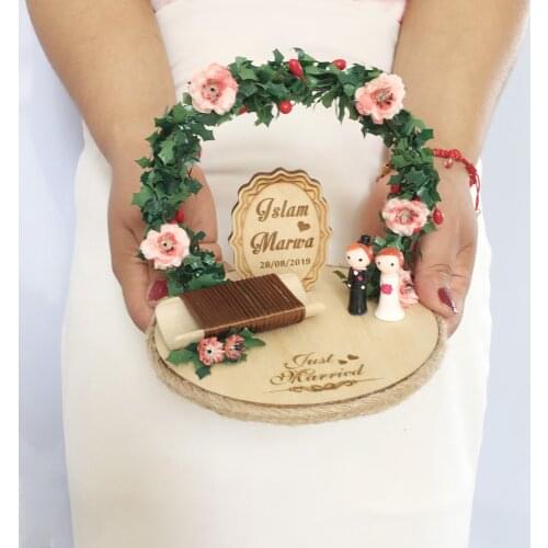 1pcs party decoration photo props Personalized Wood double rings box rustic flower bride groom Ring pillow