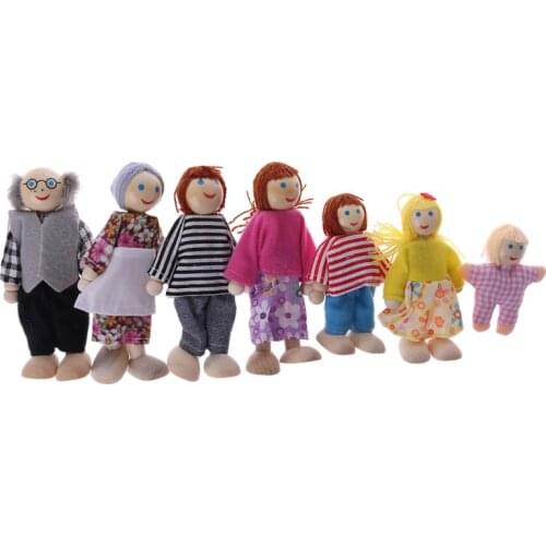 7pcs/set Happy House Family Dolls Wooden Figures Characters Dressed Kids Pretending Toys