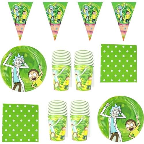 Happy Birthday Party Kids Favors Rick And Morti Theme Napkins Hanging Banner Flags Plates Cups Kids Favors Decorate 50pcs/lot