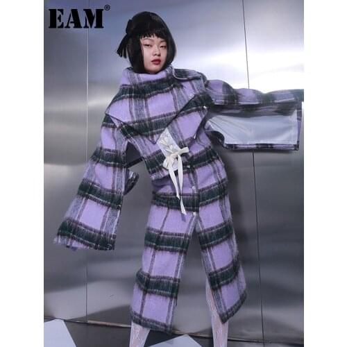 [EAM] Loose Fit Plaid Pattern Irregular Bandage Woolen Coat Parkas New Long Sleeve Women Fashion Tide Autumn Winter 2021 1DD3366