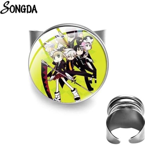 Soul Eater Death The Kid Ring Resizable Handmade Anime Cartoon Print Glass Cabochon Open Rings for Boys Girls Props Accessories