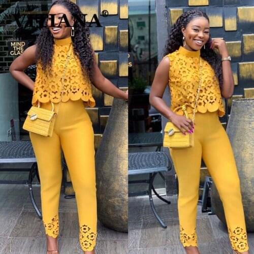 VITIANA Women Elegant sleeveless Print Two Piece Set Summer Female Slim Office Lady Pencil trousers OL Femme Casual Sets