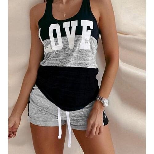 Summer Casual Loose Two Pice Set Homewear Women Fashion Patchwork Letter Print Sleeveless Top And Short Lady Suit Streetwear Set