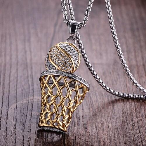 WAWFROK Fashion Men Basketball Pendants Necklaces 2 colors Stainless Steel Sports Long Chain Necklace Men Jewelry